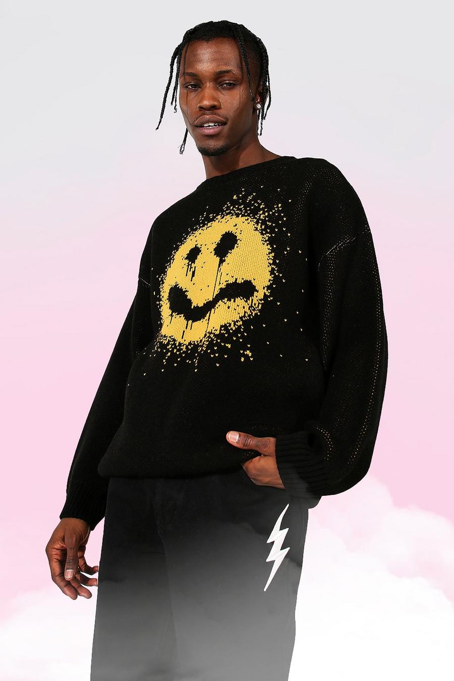 Black Drip Face Oversized Crew Neck Knitted Sweater image number 1