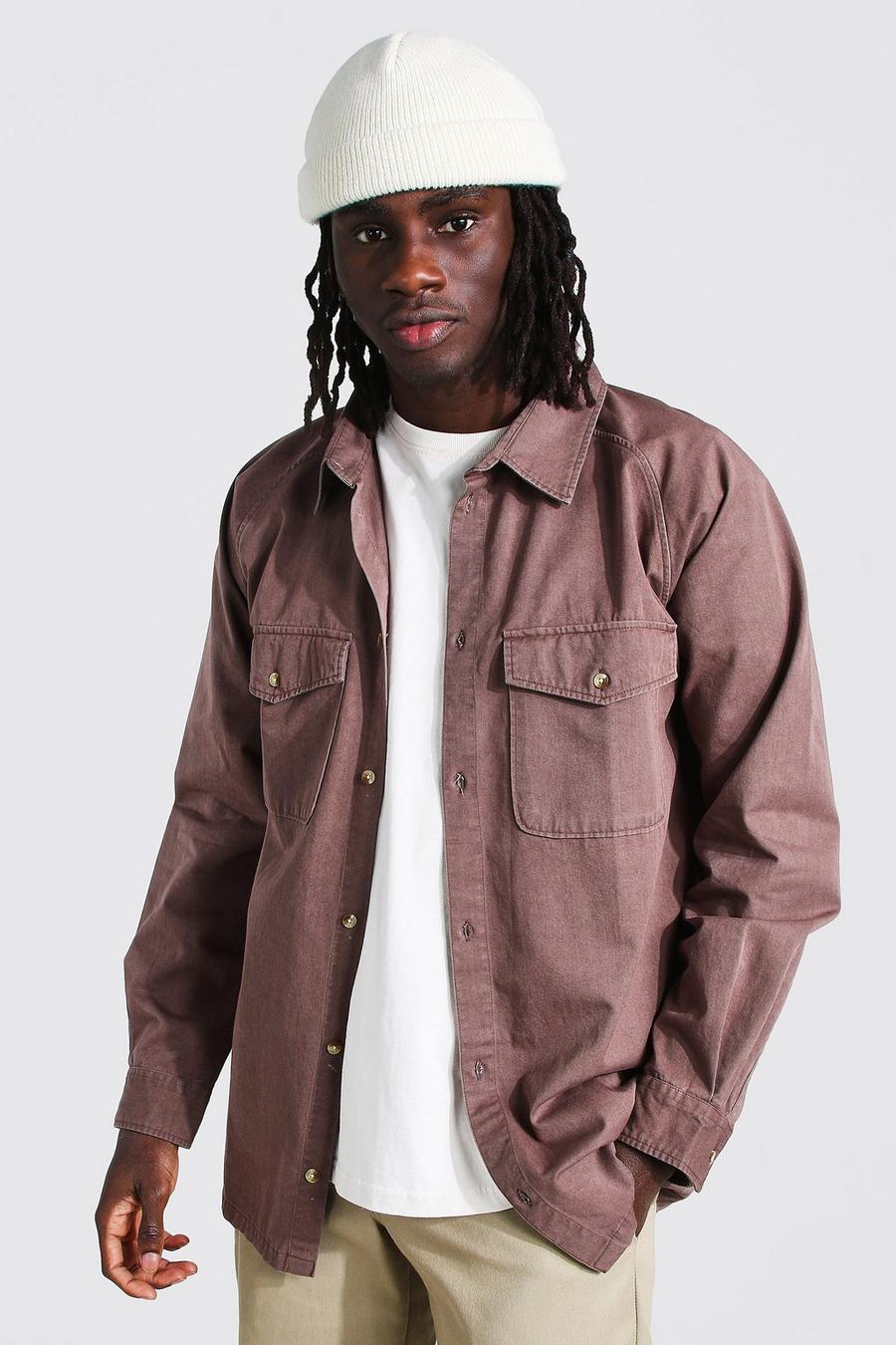 Choc brown Long Sleeve Twill Utility Overshirt image number 1