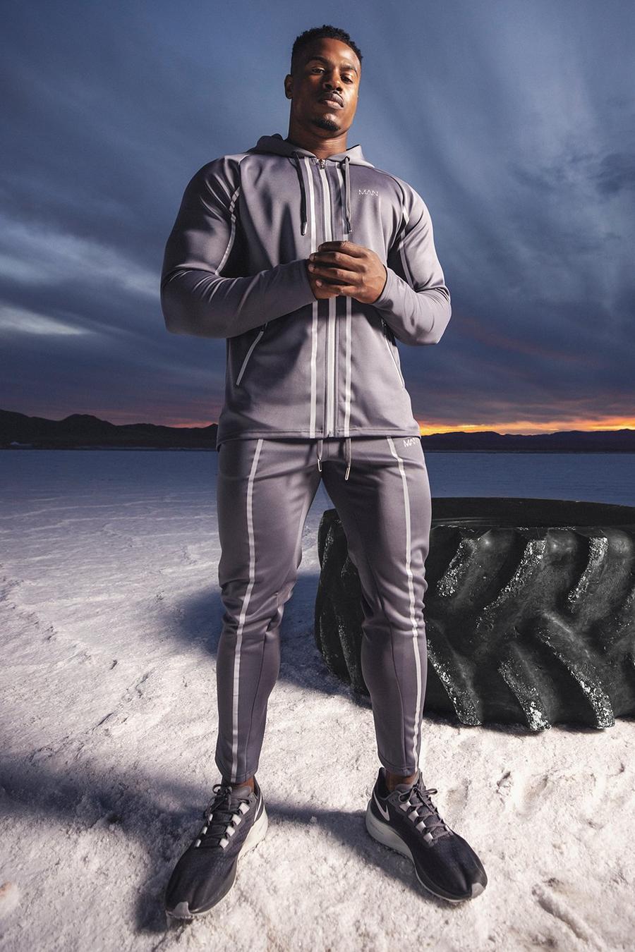 Grey MAN Active Reflective Hooded Zip Through Tracksuit image number 1