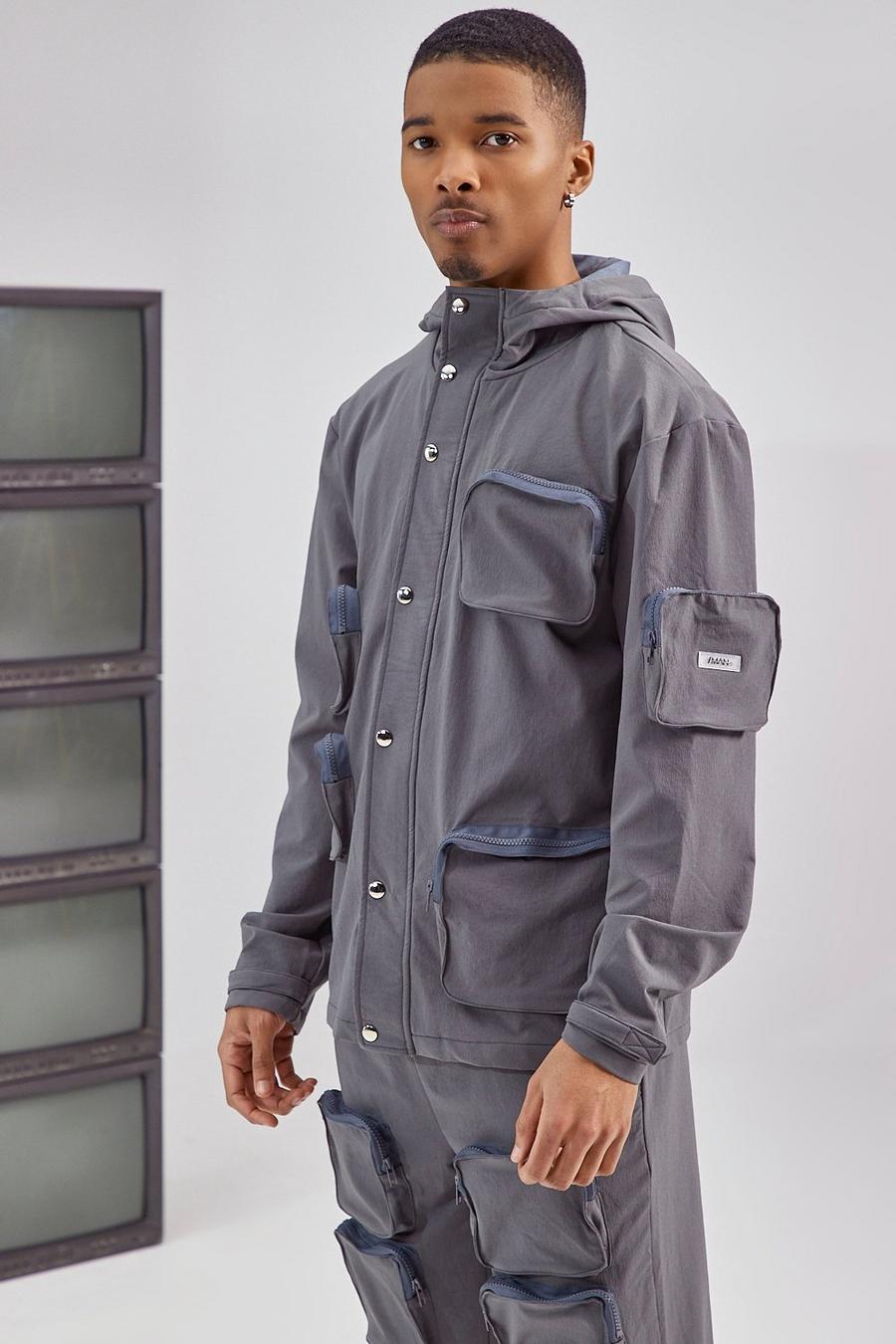 Charcoal grey 3D Pocket Cargo Parka Jacket image number 1