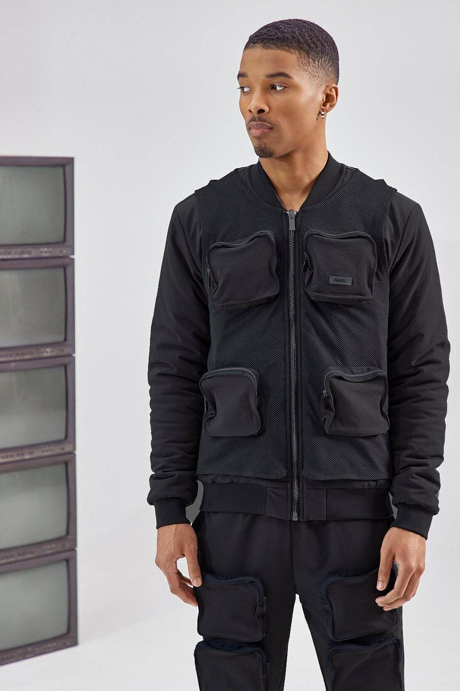 Black Mesh Cargo Bomber Jacket image number 1