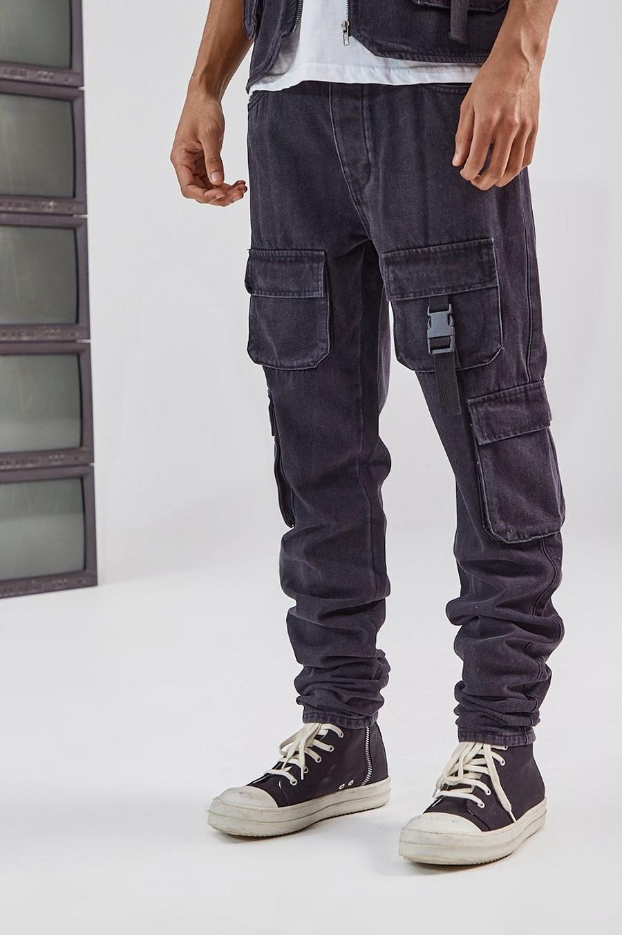 שחור ג'ינס בגזרה צרה ובסגנון שימושי עם כיסי קרגו image number 1