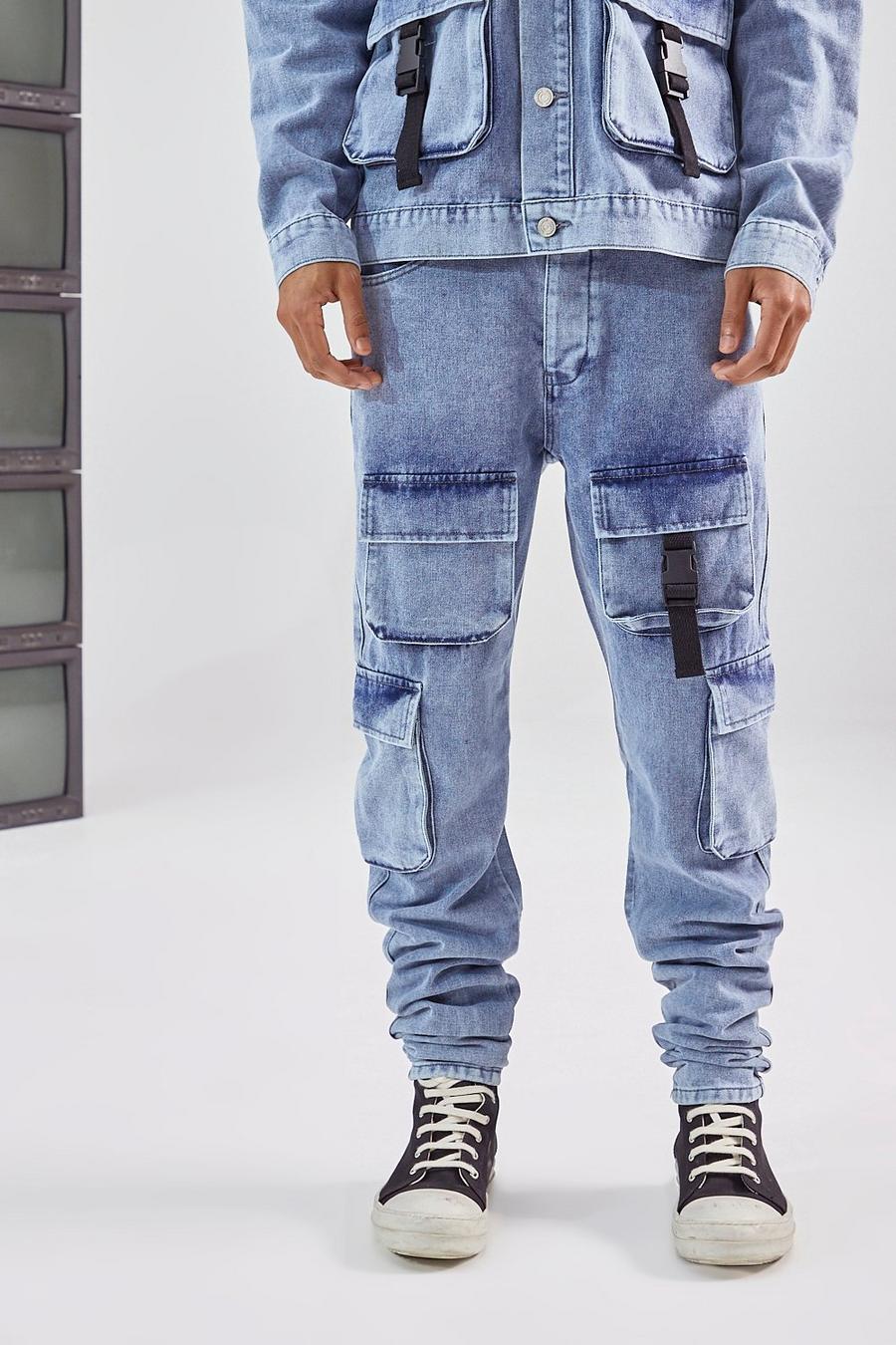 כחול ג'ינס בגזרה צרה ובסגנון שימושי עם כיסי קרגו image number 1