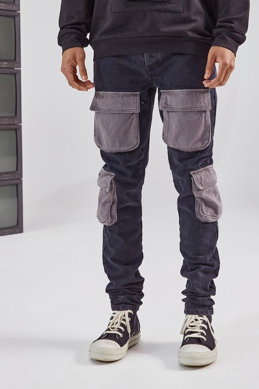 Black Stacked Contrast Denim Cargo Pocket Skinny Jean image number 1