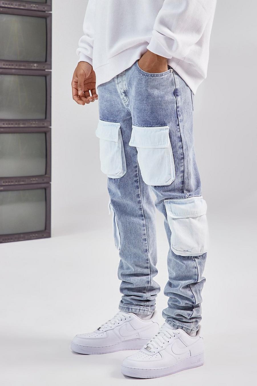 Blue Skinny jeans med cargofickor i kontrastfärg image number 1