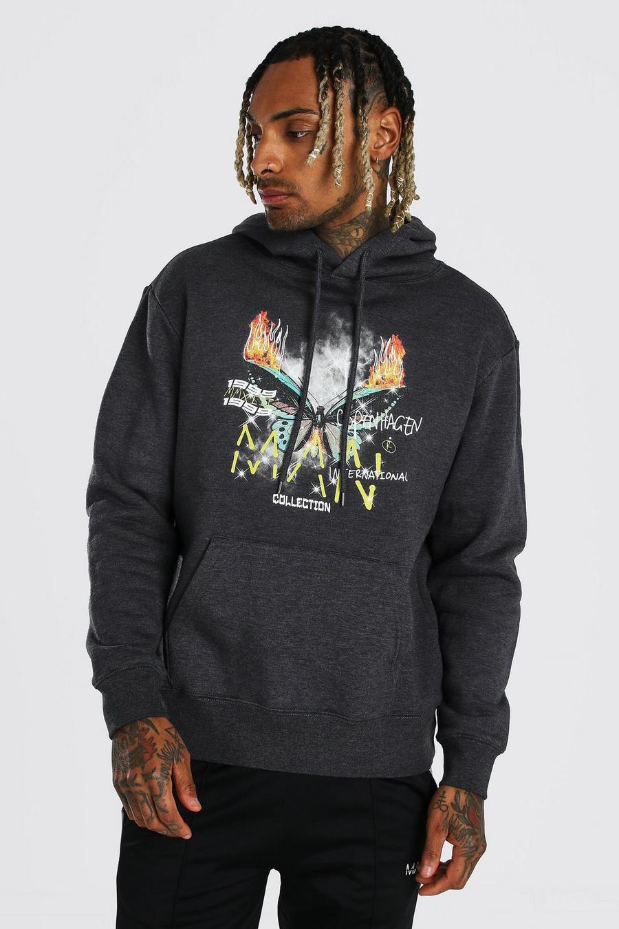 Charcoal MAN Oversize hoodie med fjäril och eldsflammor image number 1