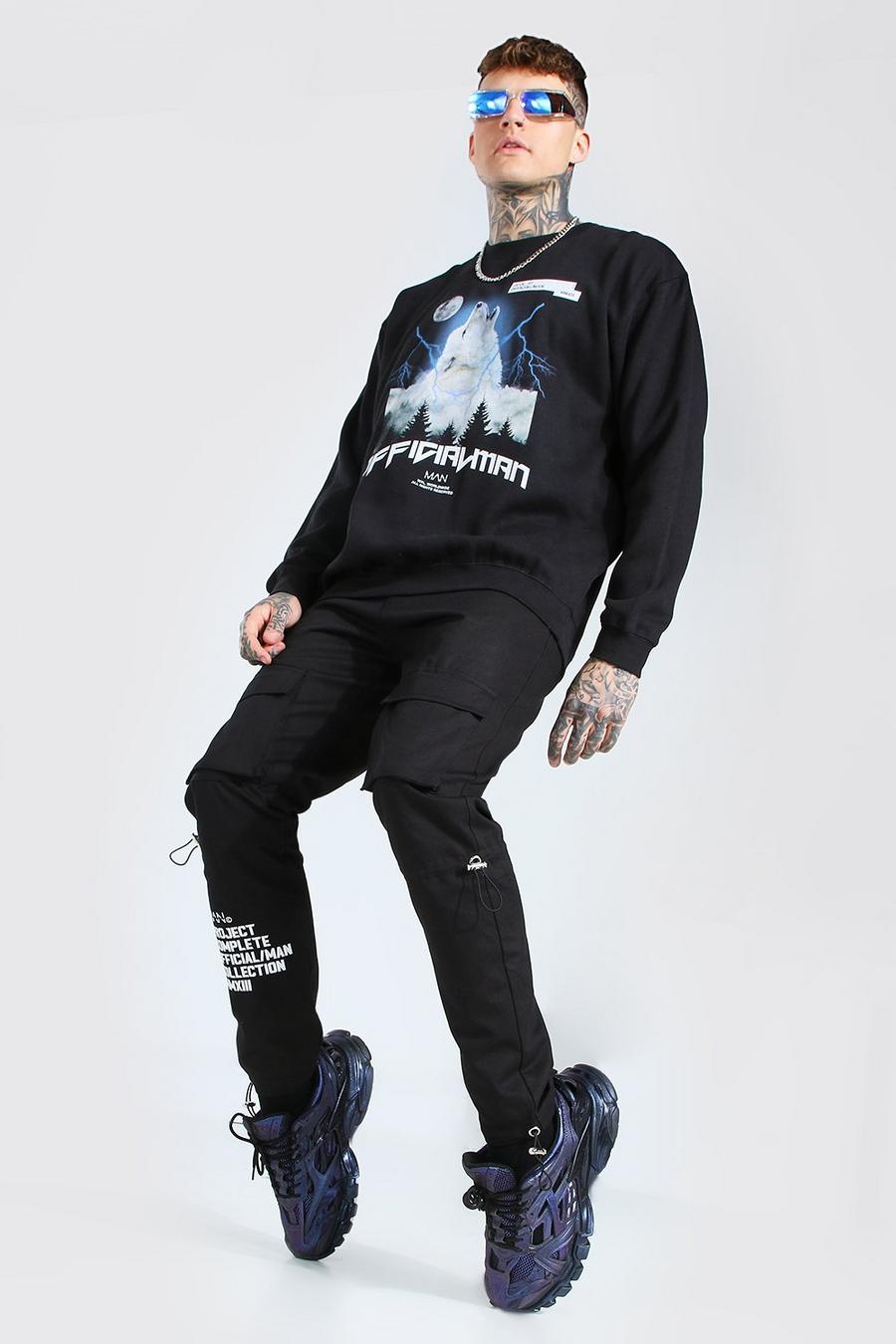 Black Oversized Official Man Trui Met Wolf image number 1