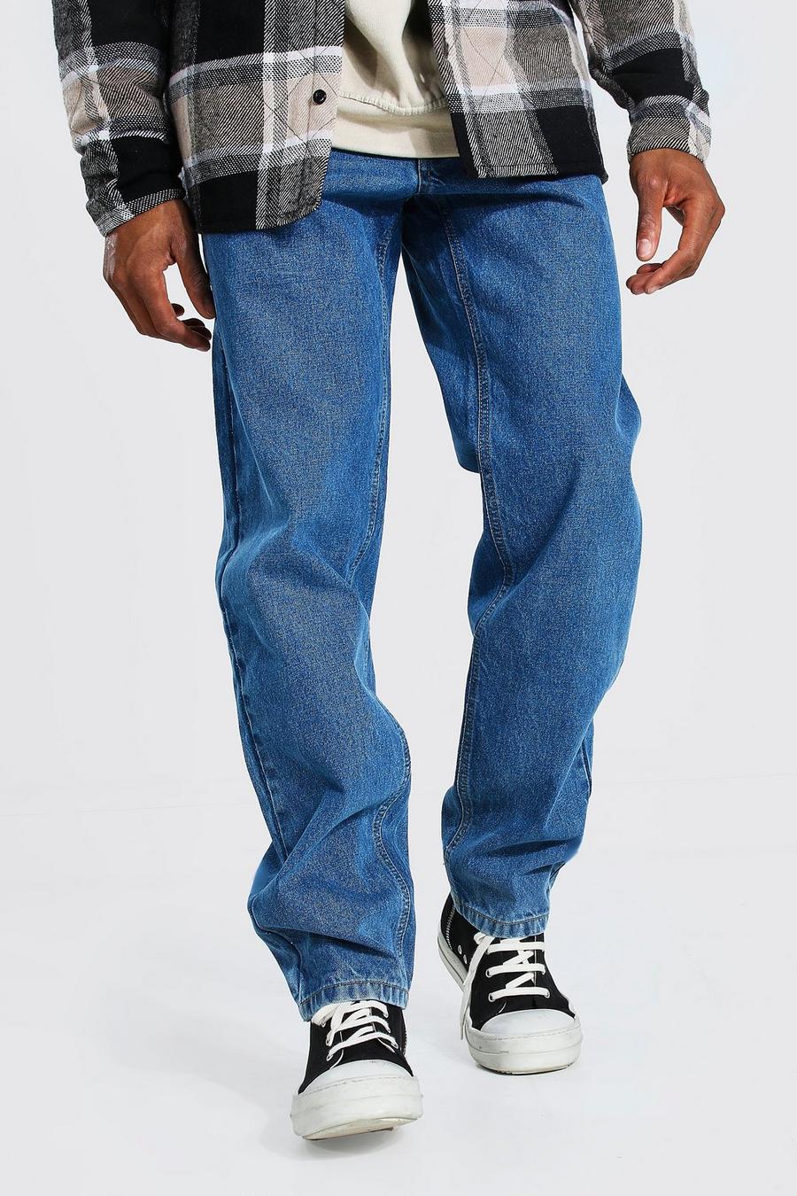 כחול ביניים ג'ינס קשיח בגזרה משוחררת image number 1