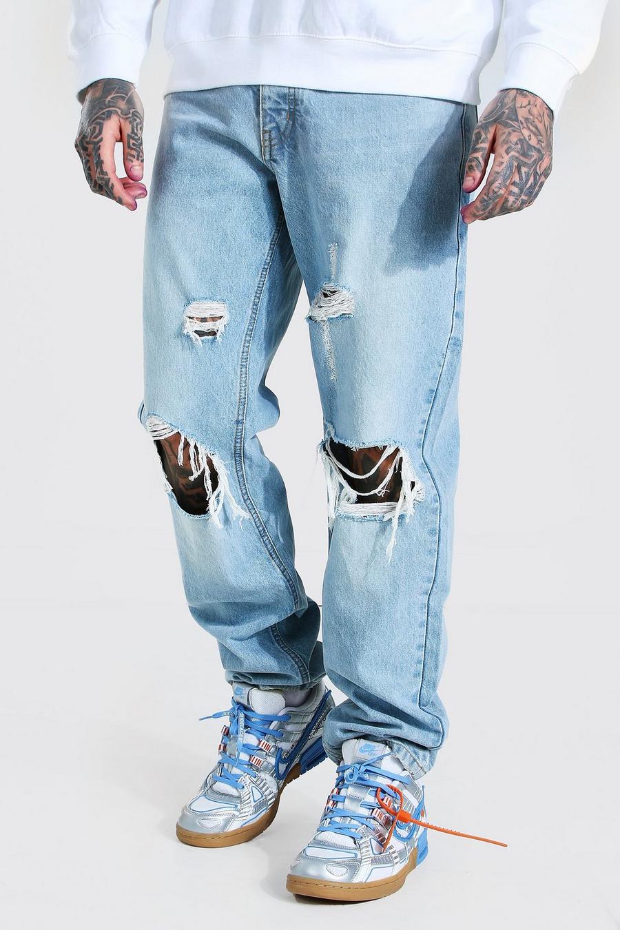 Relaxed Fit Jeans in Destroyed-Optik mit zerrissenem Knie, Eisblau image number 1