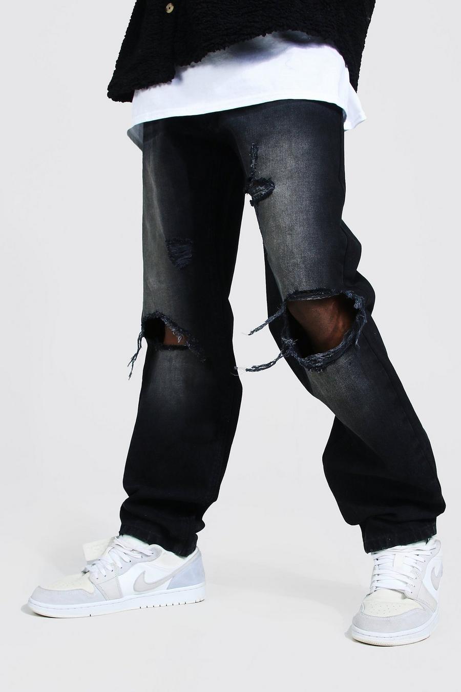 Washed black Jeans med ledig passform och slitna knän image number 1