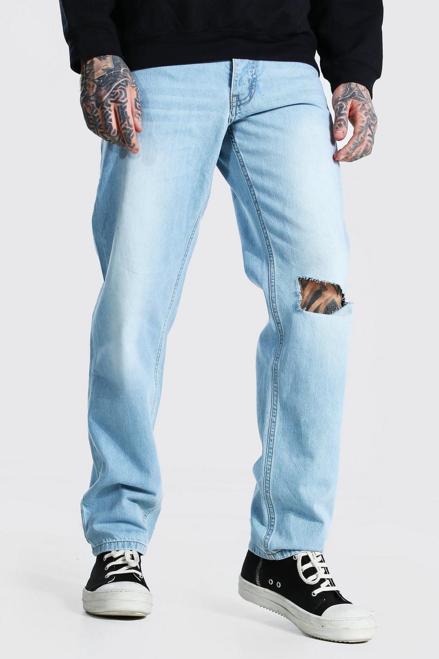 כחול קרח ג'ינס בגזרה משוחררת עם שסעים בברכיים image number 1