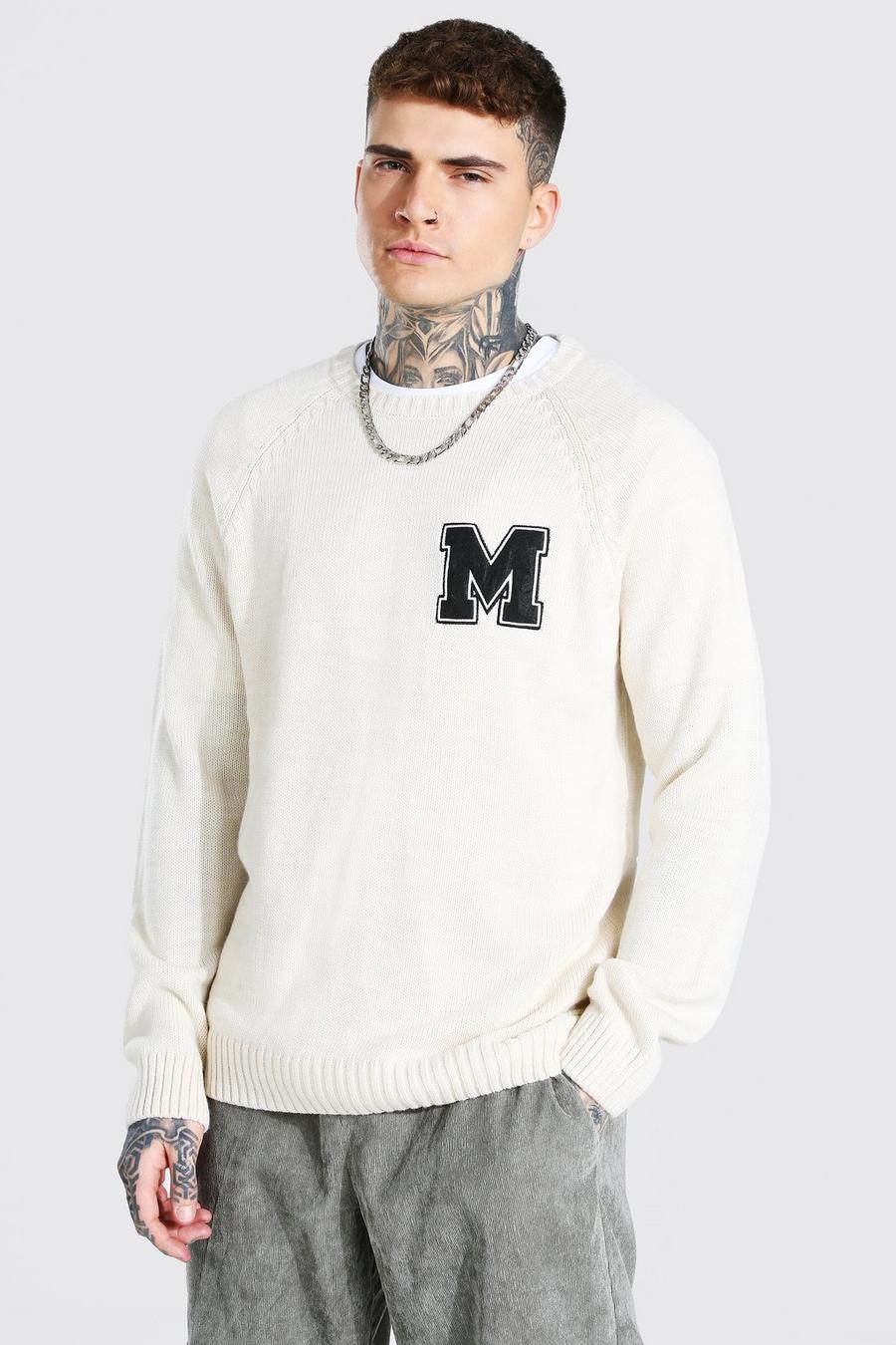 Pullover girocollo in maglia con toppa stile college MAN, Crema image number 1