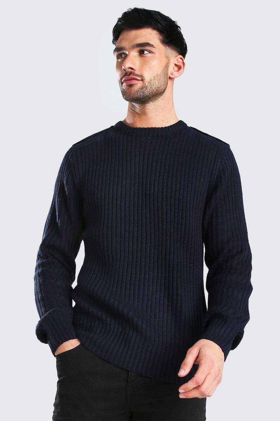 Navy Crew Neck Knitted Jumper With Utility Patches image number 1
