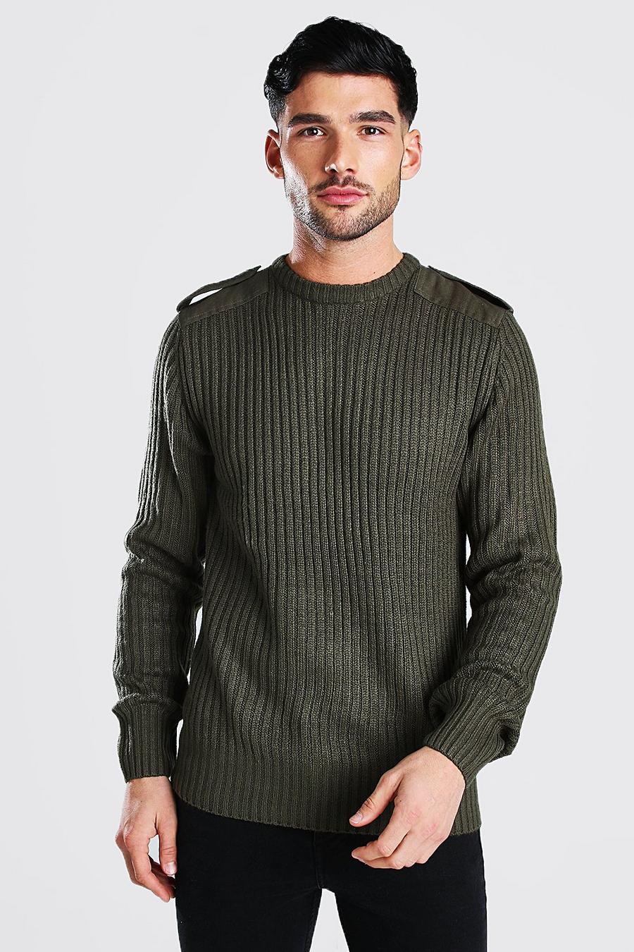 Khaki Crew Neck Knitted Sweater With Utility Patches image number 1