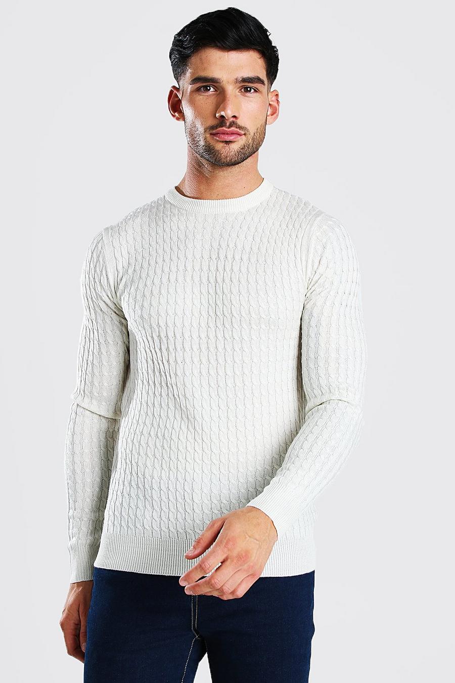 Oatmeal Cable Crew Neck Knitted Jumper image number 1