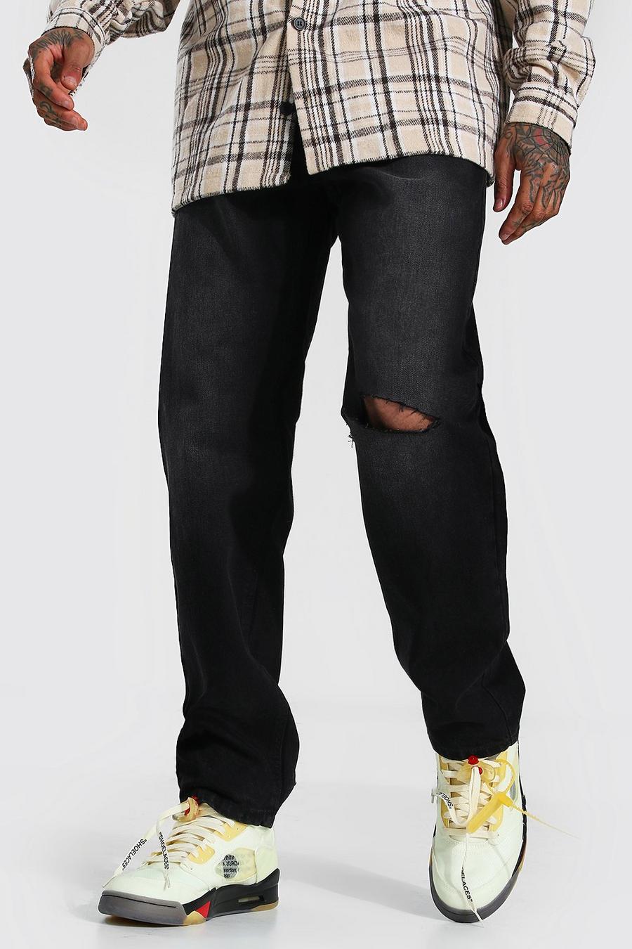 Washed black Jeans med slitet knä och ledig passform image number 1