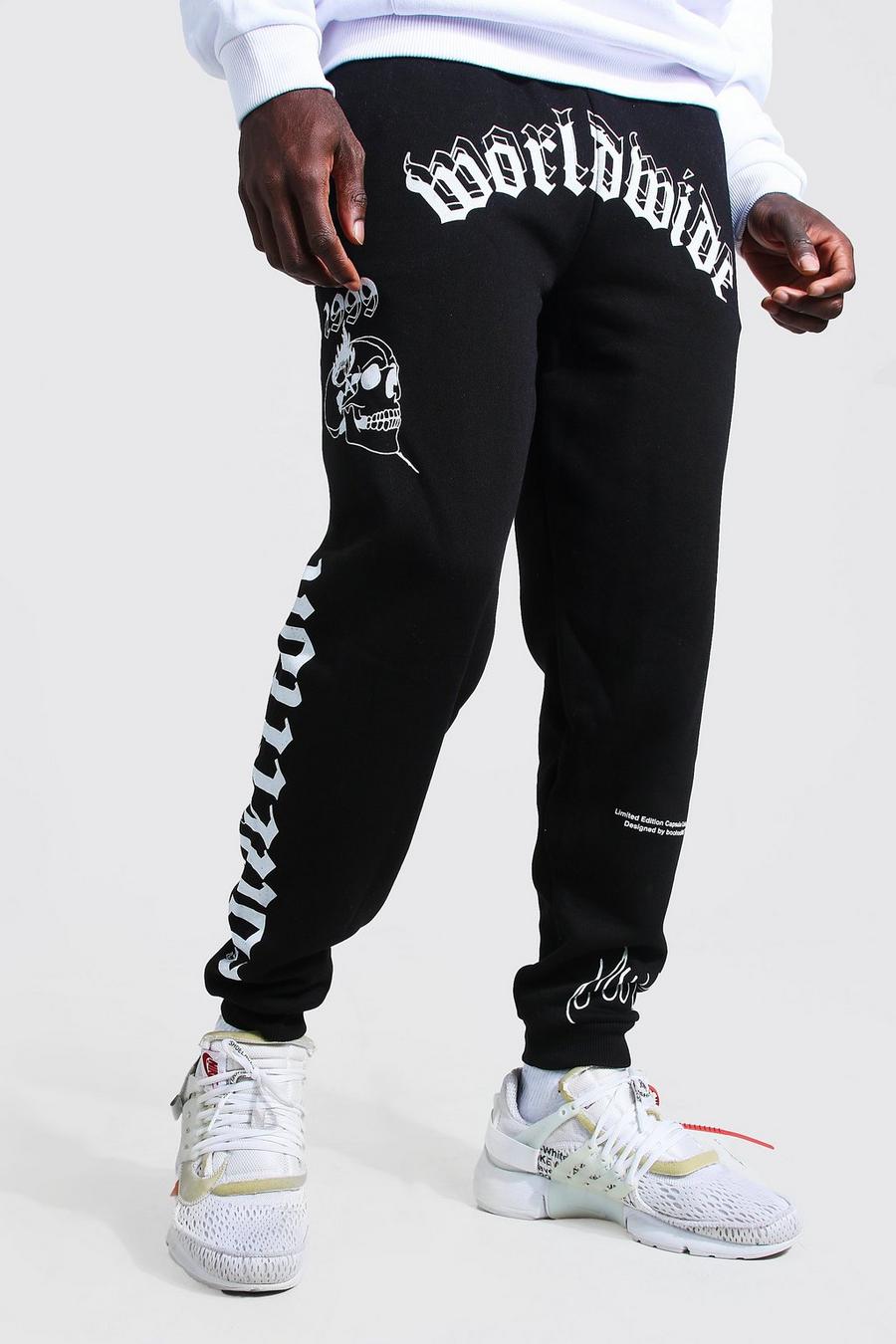 Pantalones de deporte holgados con estampado Worldwide, Negro image number 1