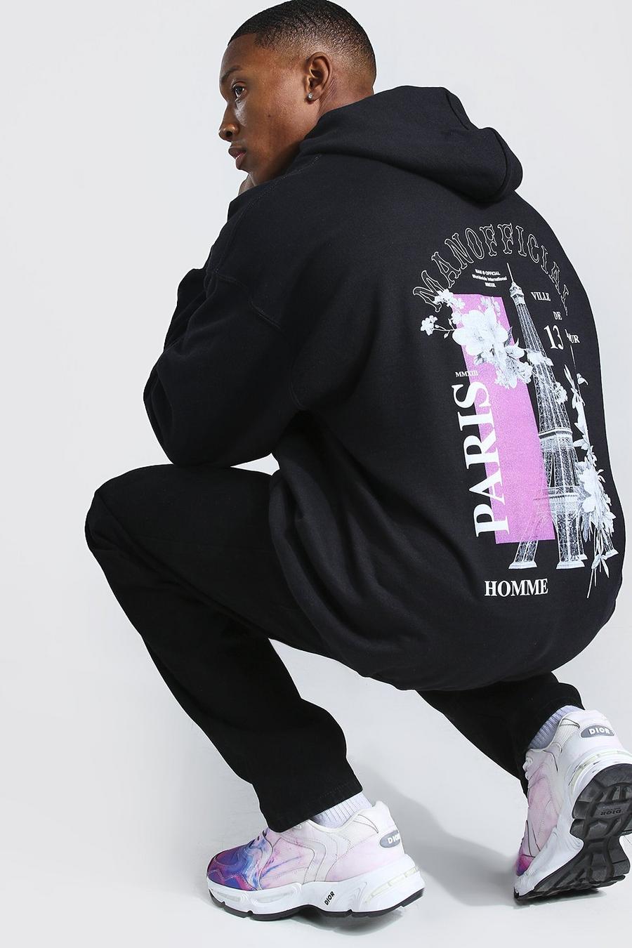 Black "Paris" Oversize hoodie med tryck bak image number 1