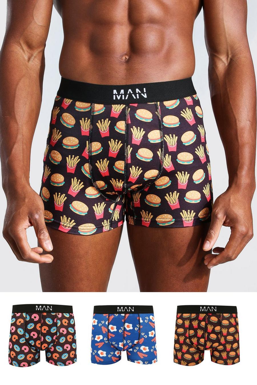 MAN Boxers mit Junk-Food-Motiv und Strichmuster, 3er-Pack, Mehrfarbig multi