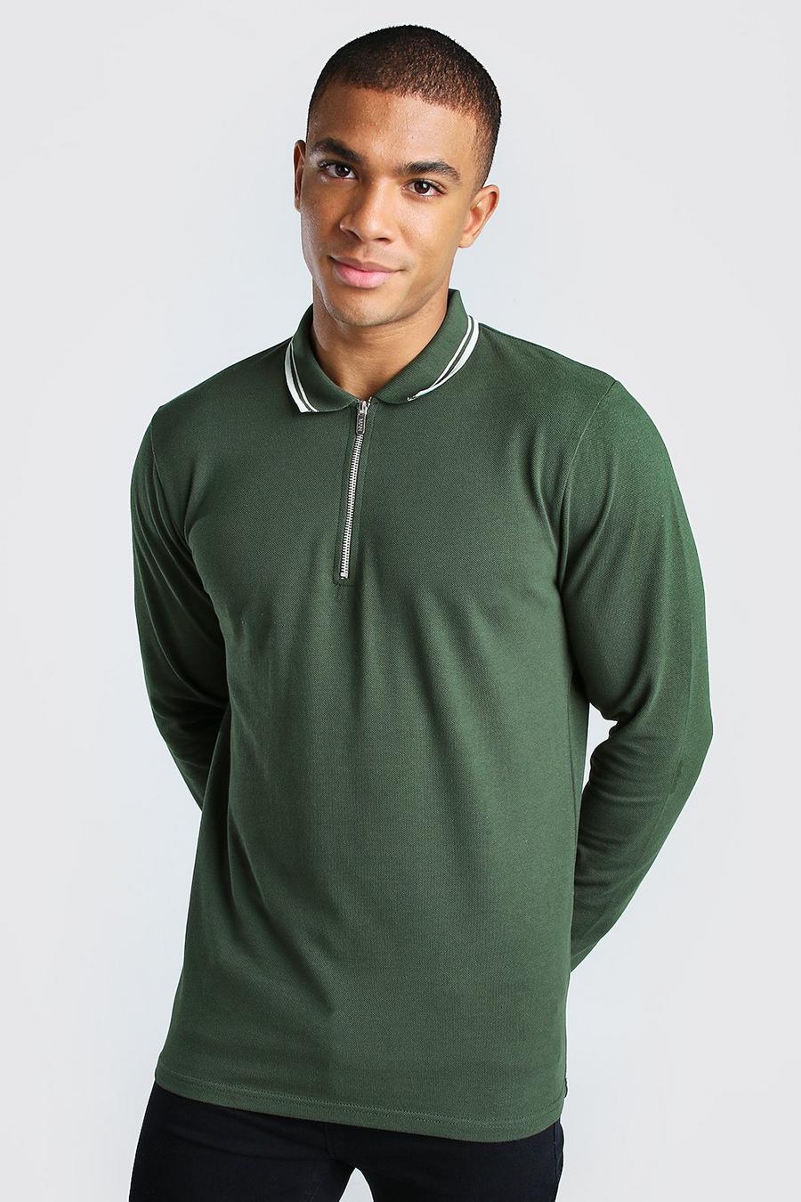 Khaki Long Sleeve 1/4 Zip Pique Polo With Tipping image number 1