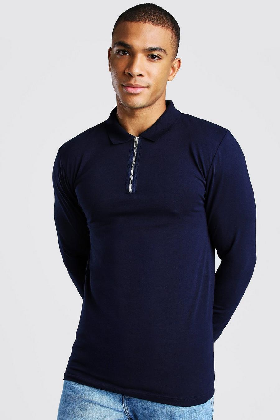 Marineblauw Monochrome Muscle Fit Polo Met Lange Mouwen image number 1