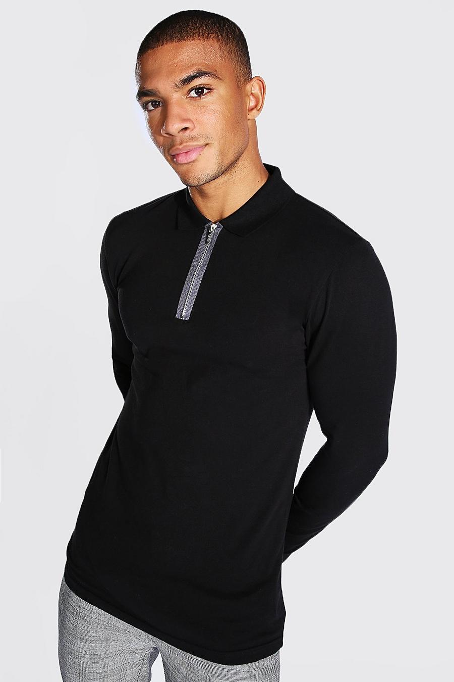 Black Muscle Fit Long Sleeve Tonal Polo image number 1