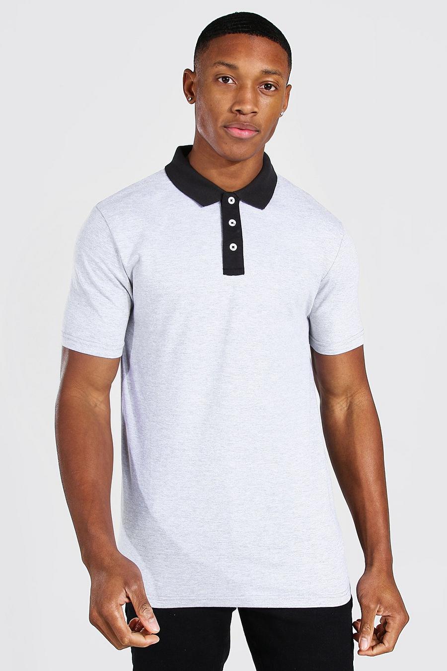 Grey marl Muscle Fit Contrast Collar Polo image number 1