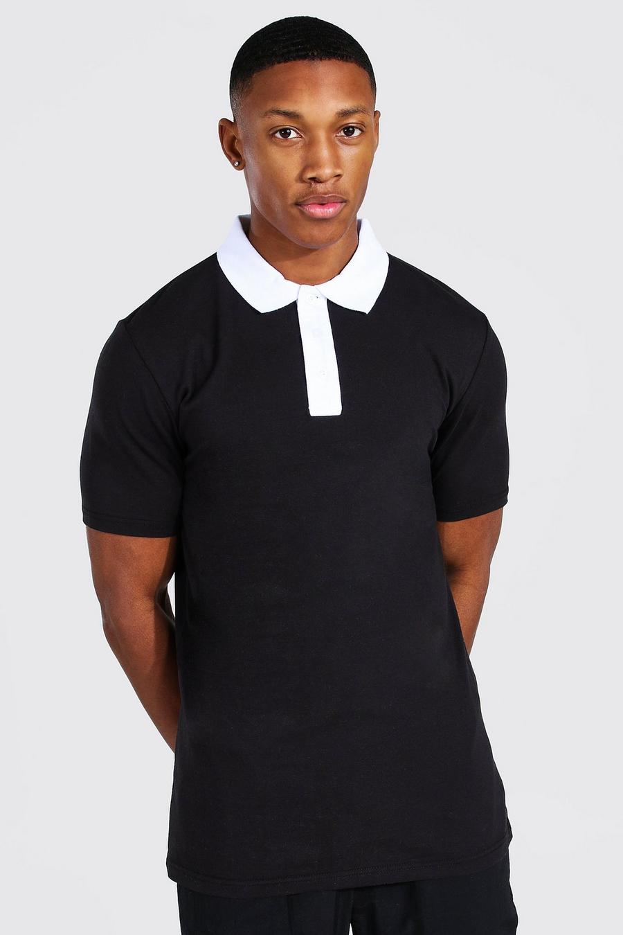 שחור חולצת פולו בגזרה צמודה עם צווארון בצבעים מנוגדים image number 1