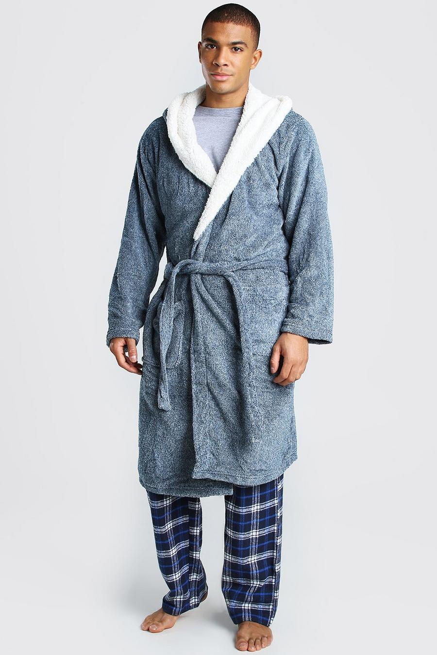 Blue Plain Fleece Lined Hooded Dressing Gown image number 1
