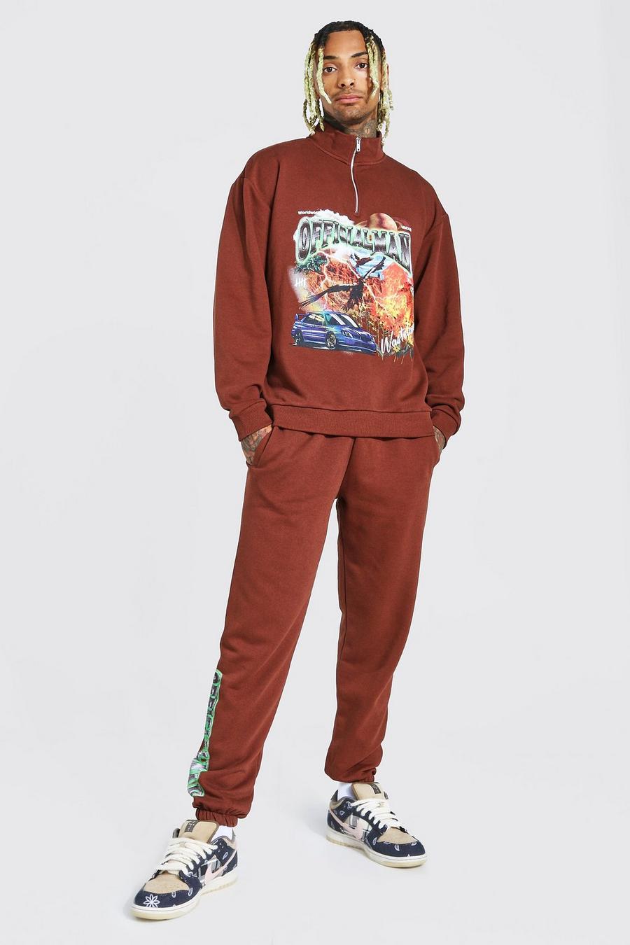 Chocolate Oversized MAN Graphic Half Zip Funnel Tracksuit image number 1