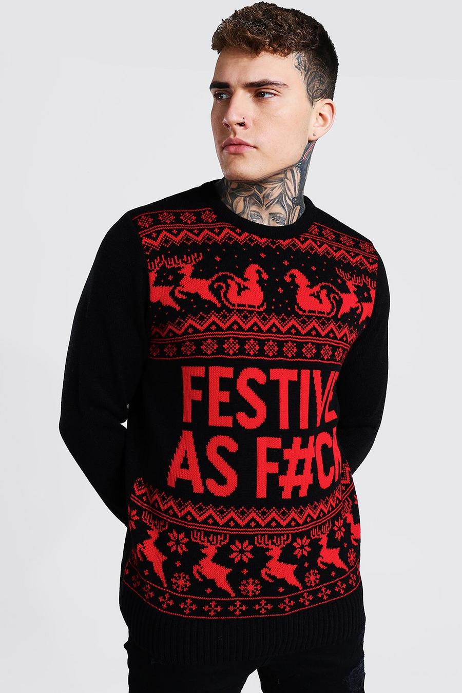 Black Festive Slogan Knitted Christmas Sweater image number 1
