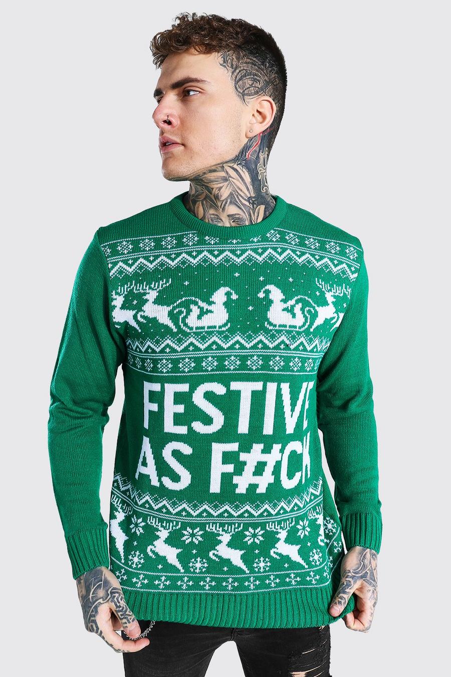 Pullover natalizio in maglia con scritta Festive all over, Smeraldo image number 1