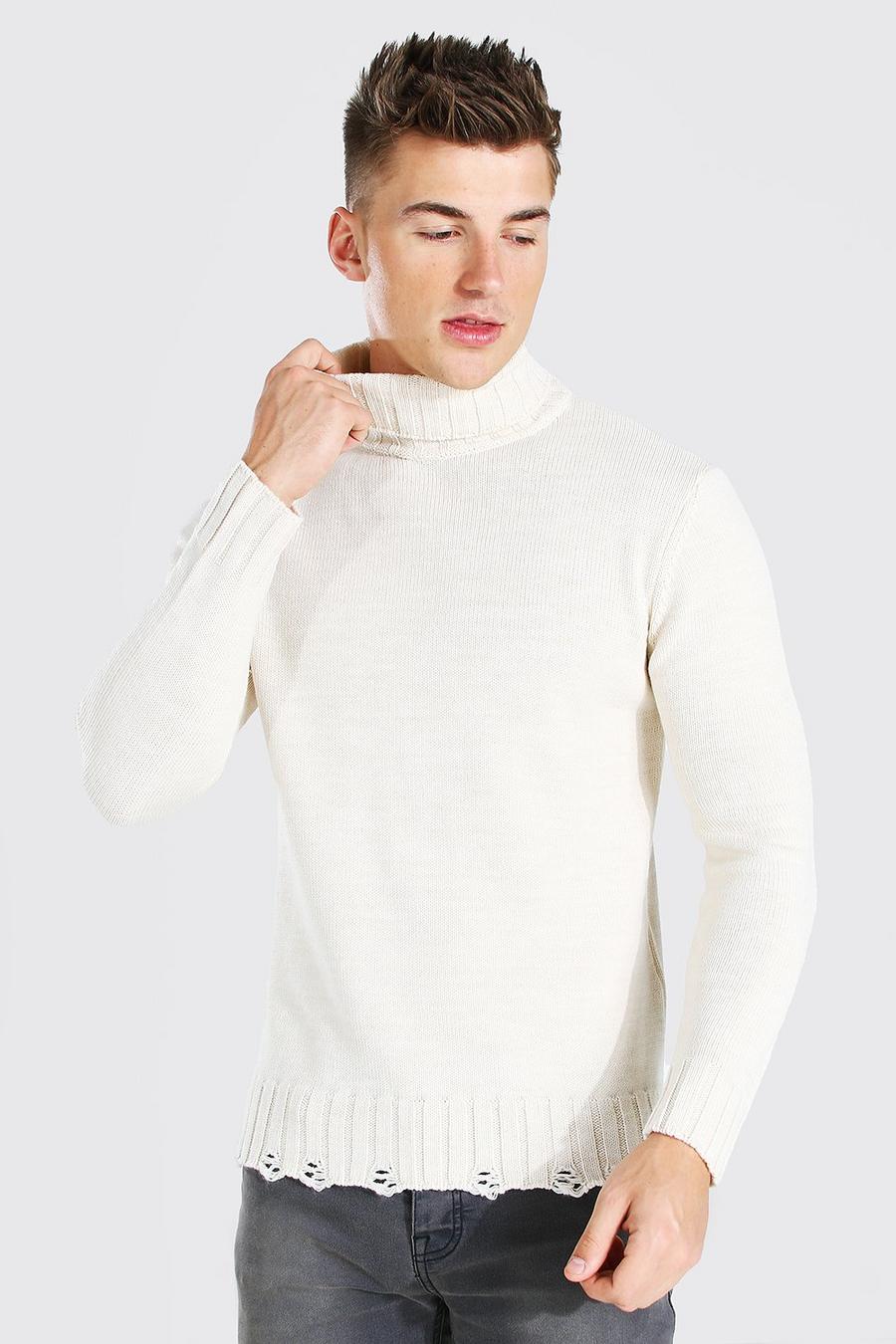 Cream Chunky Roll Neck Jumper With Nibbled Edge image number 1