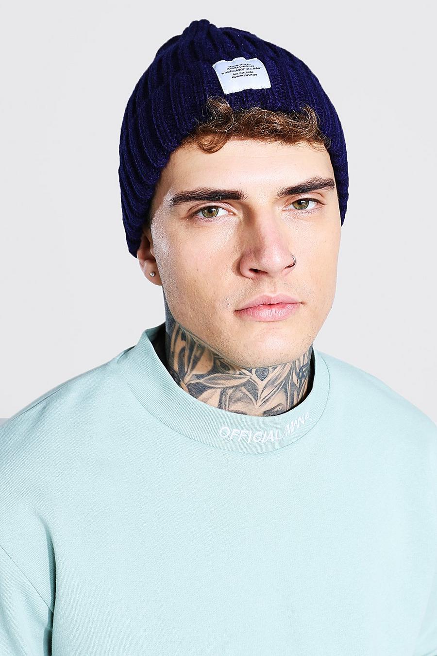 Navy MAN Front Tab Chunky Rib Beanie image number 1