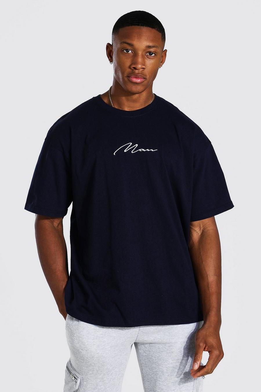 Oversized T-Shirt mit Man-Schriftzug, Marineblau image number 1