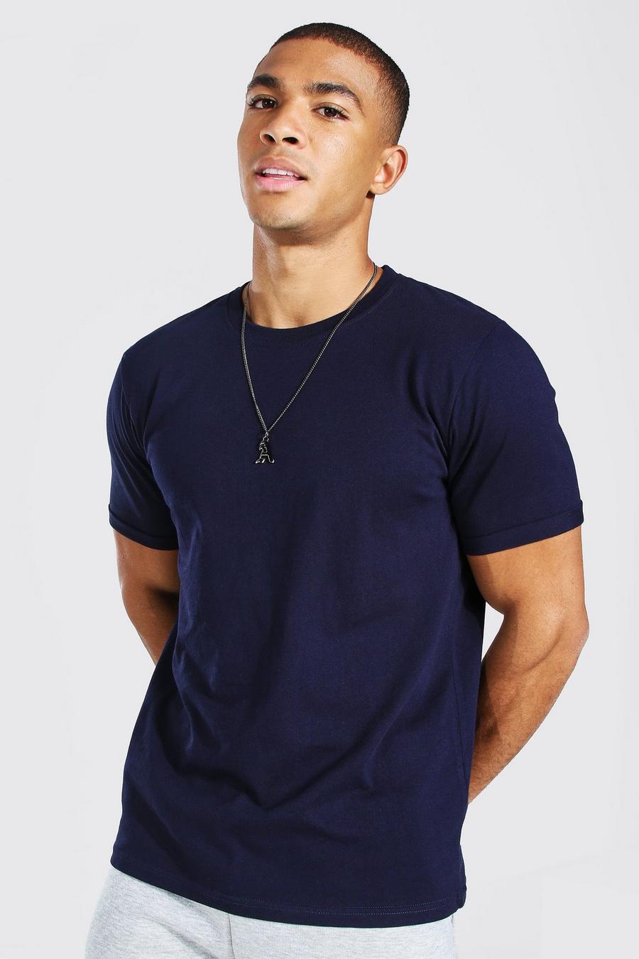 Navy T-shirt med rund hals och uppvikt ärm image number 1