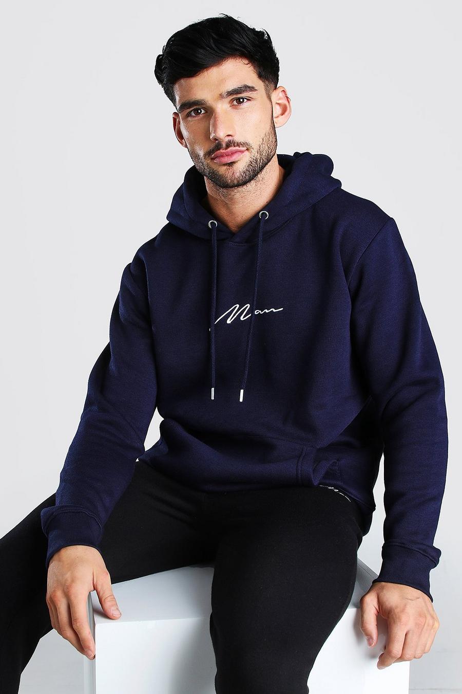 Navy MAN Signature Over The Head Hoodie image number 1