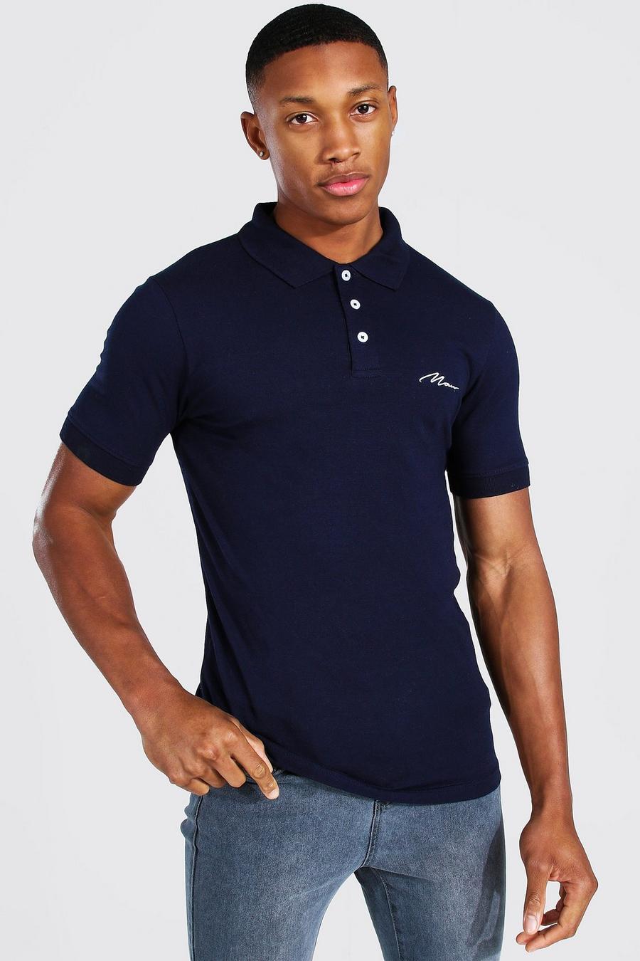 Marineblauw Man Signature Muscle Fit Polo image number 1