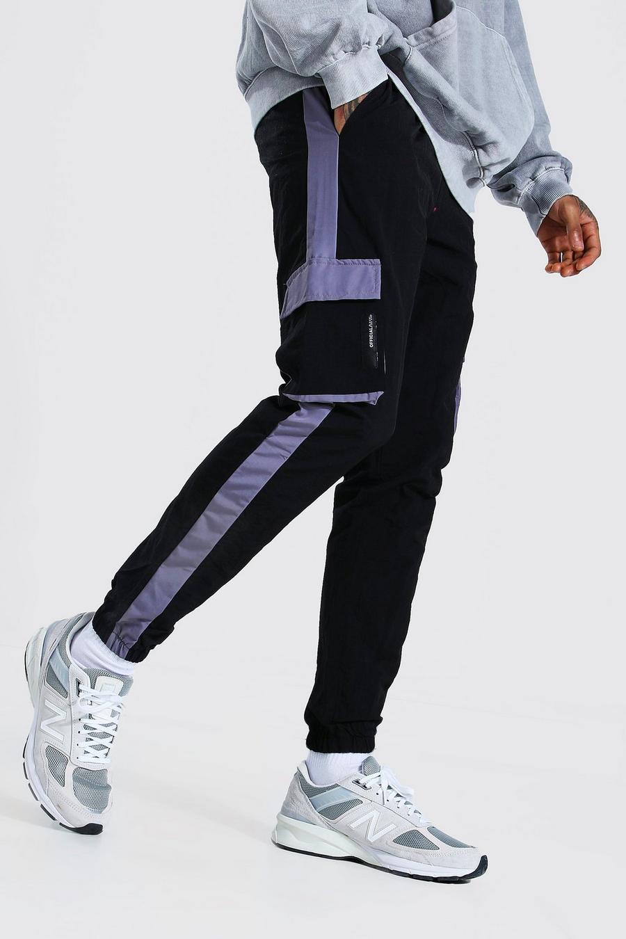 Pantalones de camuflaje arrugados con panel lateral y bloques de color, Negro image number 1