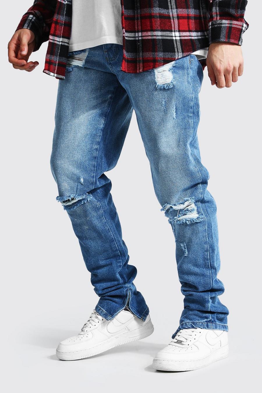 Ice blue Tapered Rigid Stacked Leg Exploded Knee Jeans image number 1