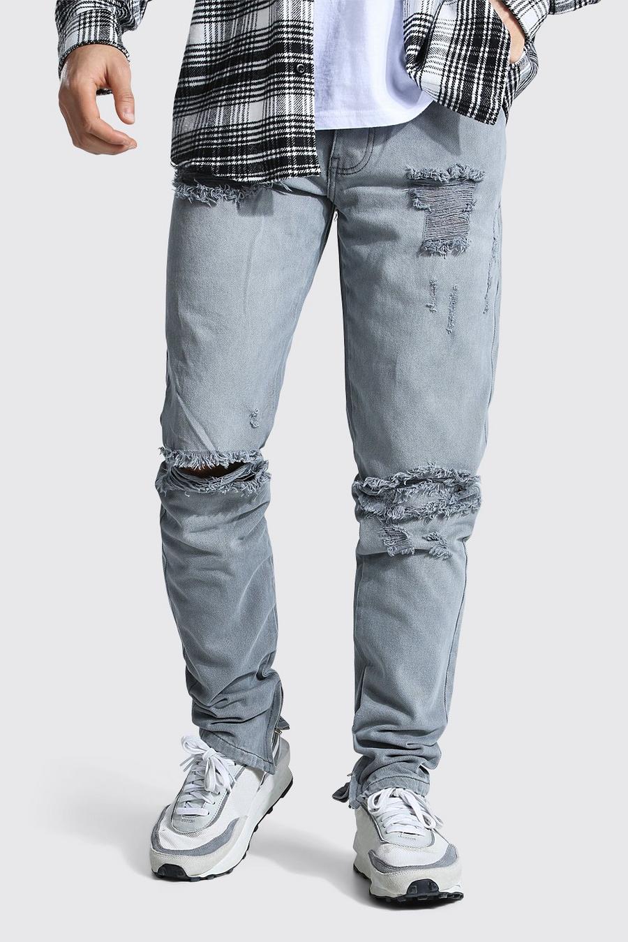 Schmal geschnittene, steife Stacked Leg Jeans mit zerrissenem Knie, Eisgrau image number 1