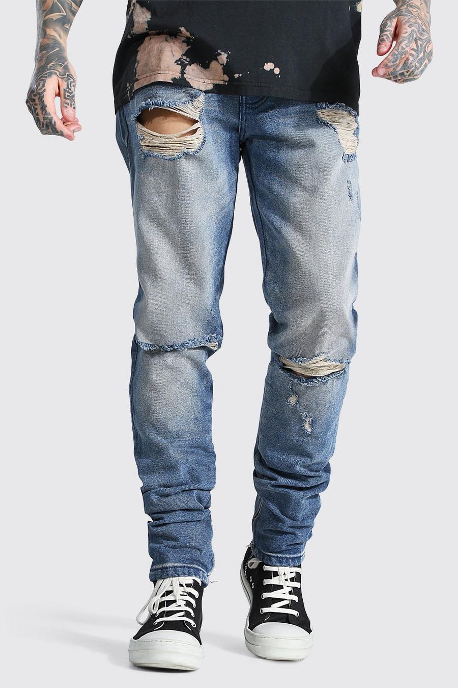 Schmal geschnittene, steife Stacked Leg Jeans mit zerrissenem Knie, Antikes blau image number 1