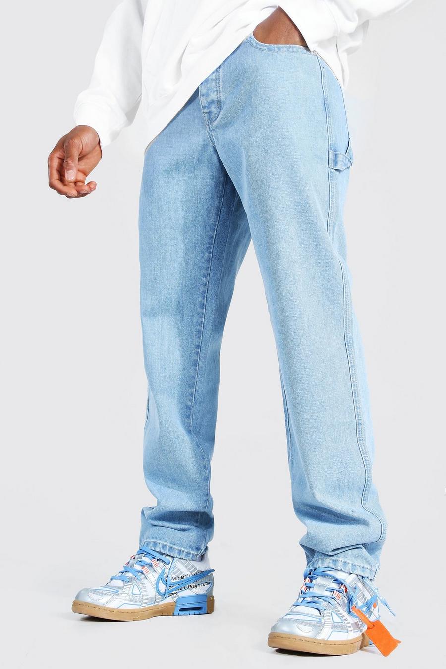 כחול קרח ג'ינס פועלים מבד קשיח בגזרה משוחררת image number 1