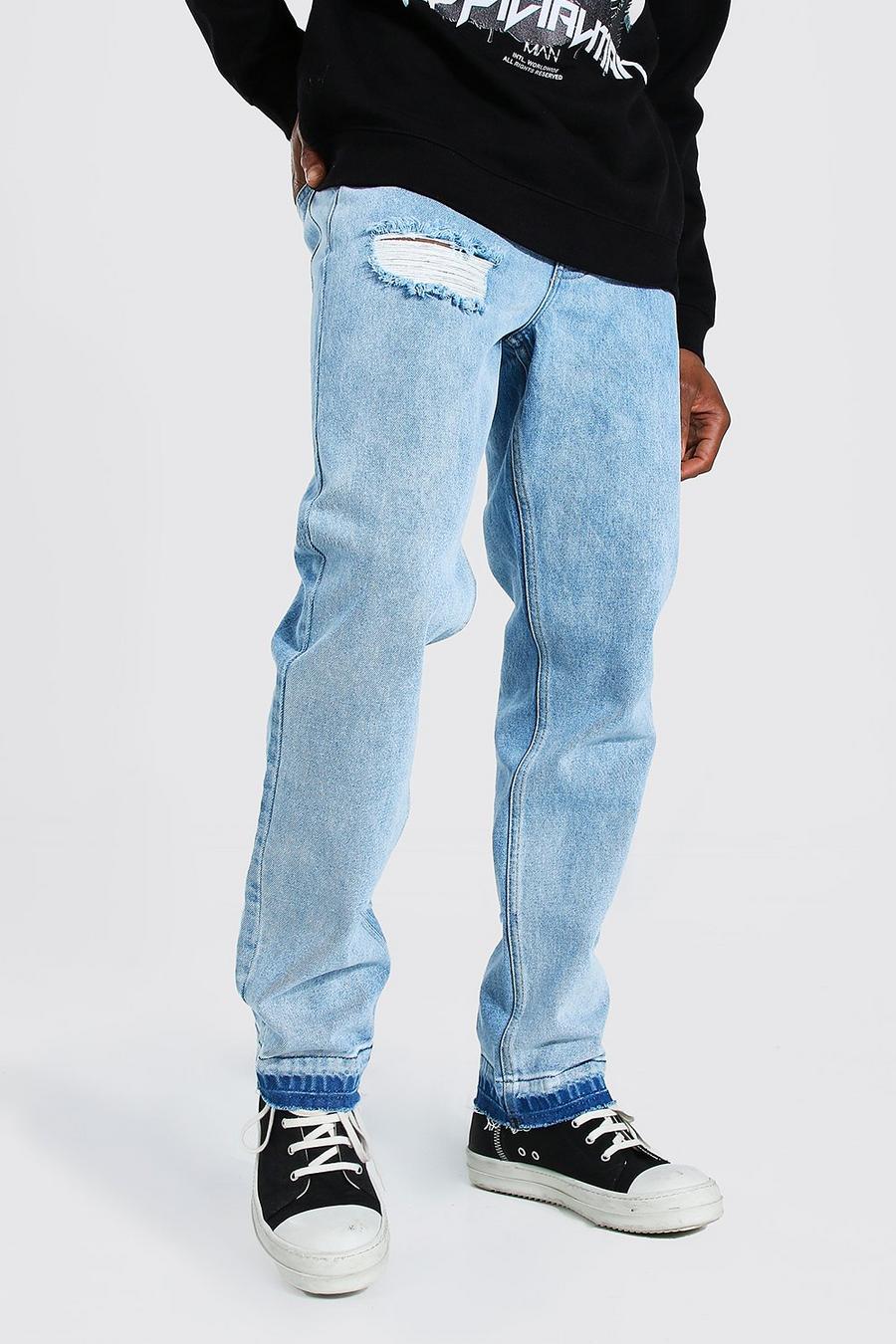 כחול קרח ג'ינס בגזרה ישרה מבד קשיח עם מכפלת בצבע מנוגד עם קרעים image number 1