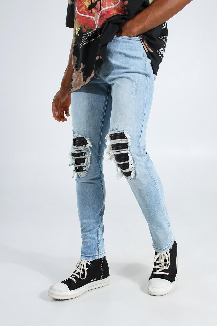 Ice blue Skinny jeans i PU med bikerdetaljer och stretch image number 1