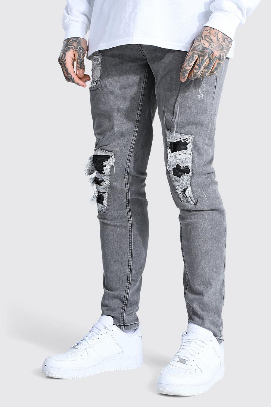 Ice grey Skinny jeans i PU med bikerdetaljer och stretch image number 1