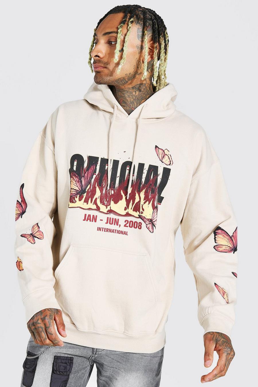 Sand Oversize hoodie med fjärilar och eldsflammor image number 1