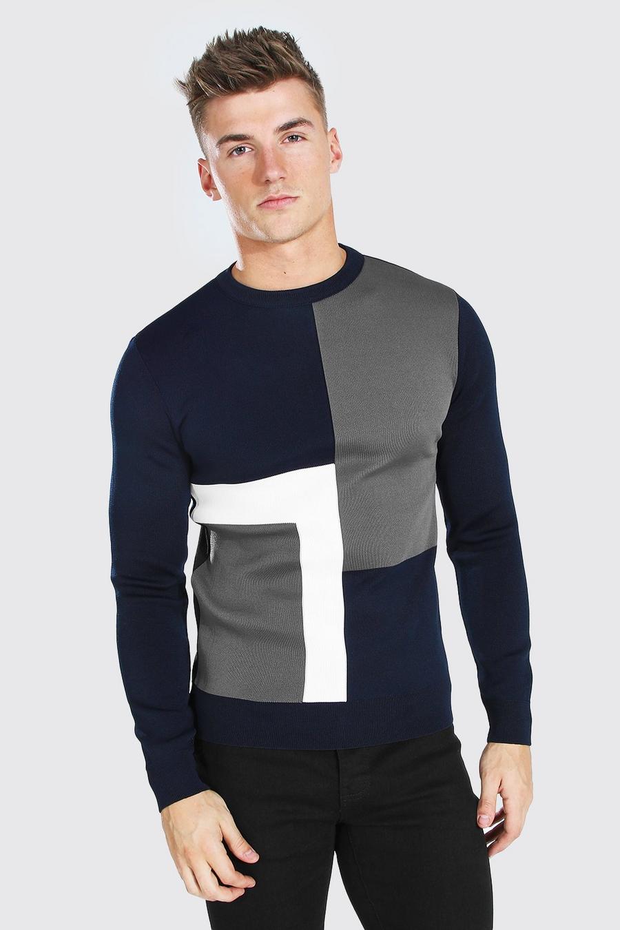 Navy Stickad tröja i muscle fit med blockfärger image number 1