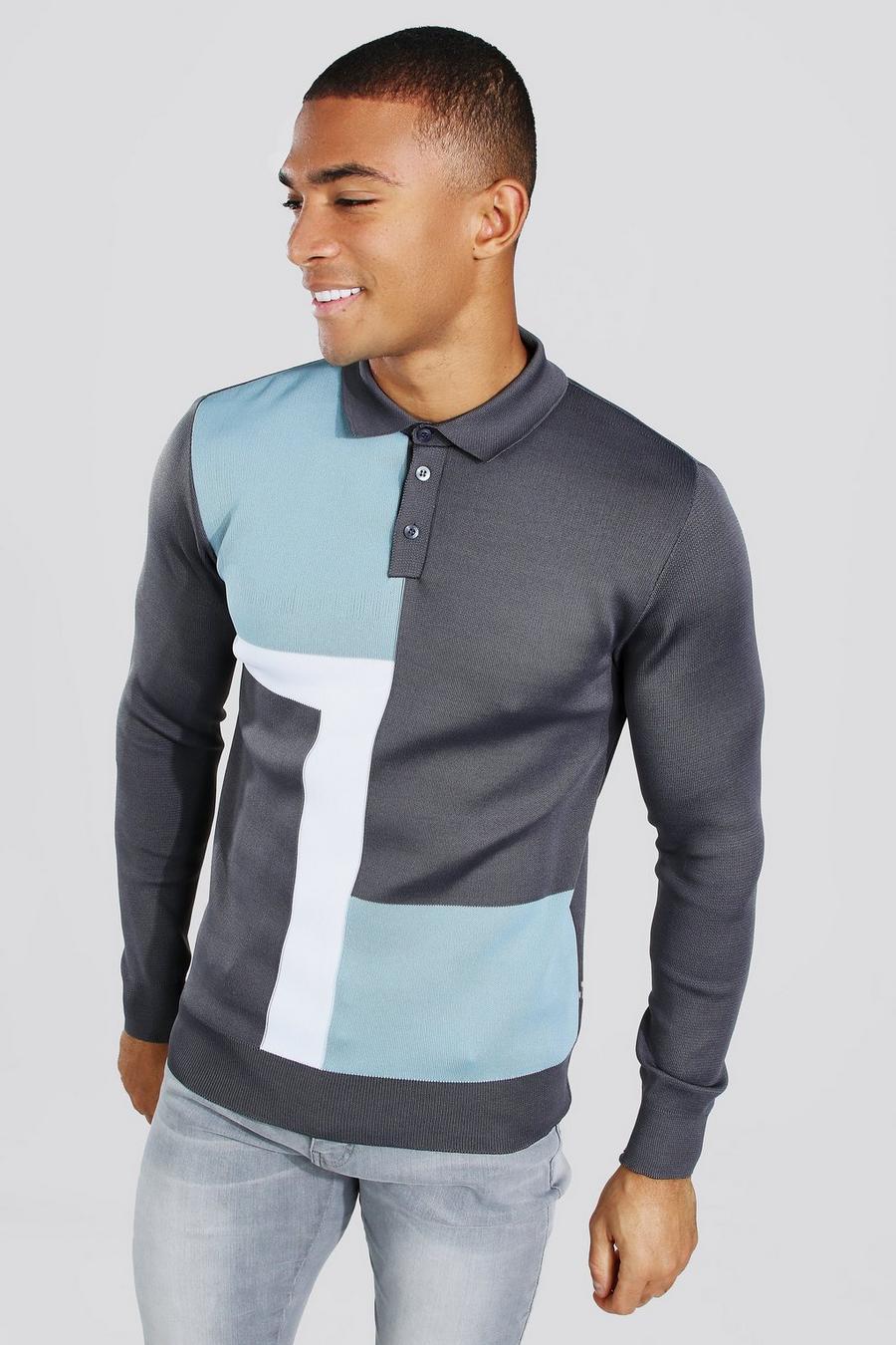 Lichtblauw Colour Block Muscle Fit Polo Met Lange Mouwen image number 1