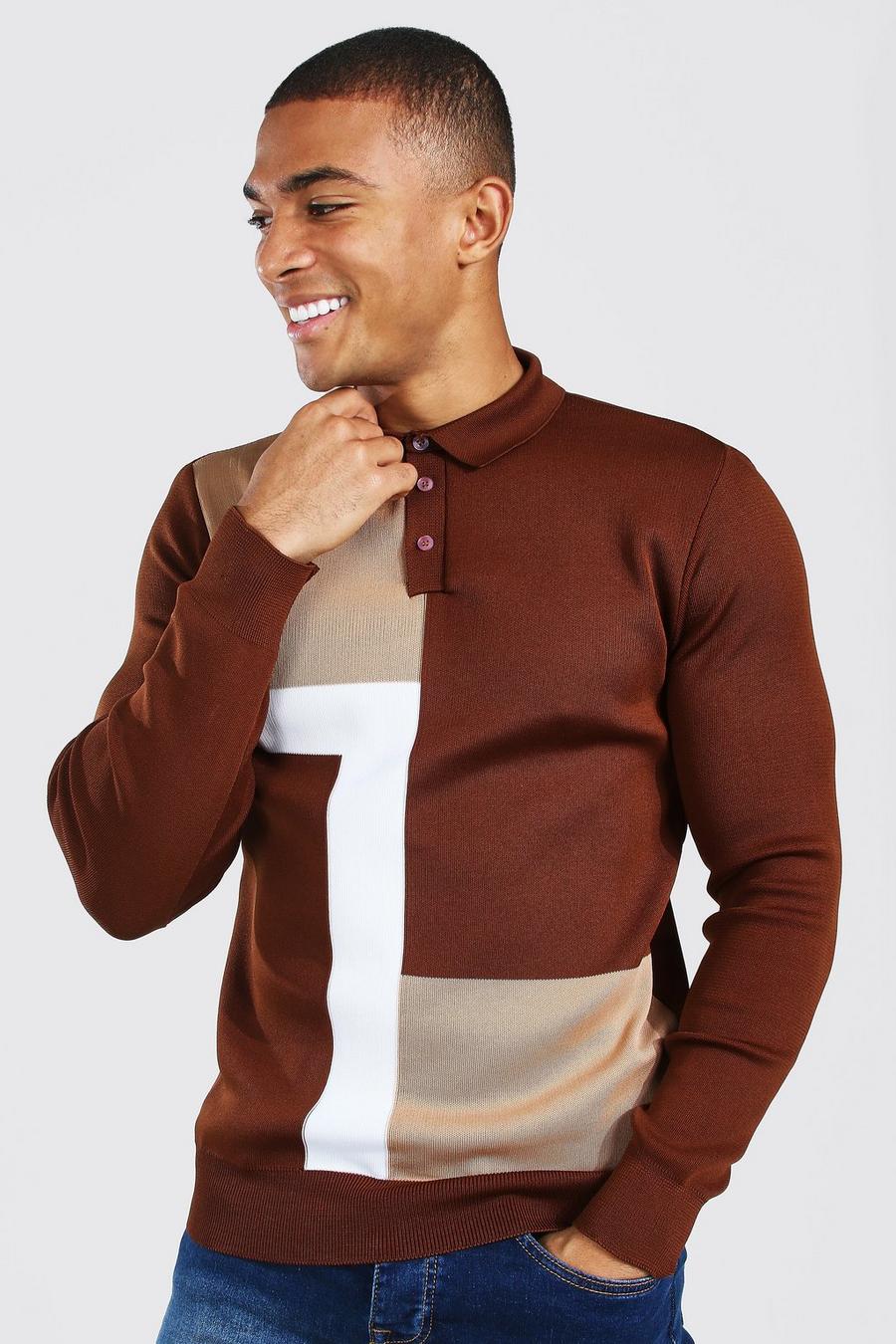 Chocolade brown Colour Block Muscle Fit Polo Met Lange Mouwen image number 1